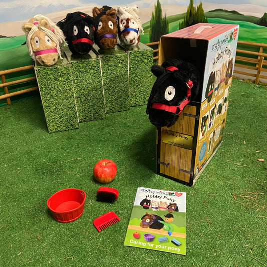A set of hobby ponies with their stable box, accompanied by a plastic apple, a brush, and an instructional booklet, displayed on a green surface.
