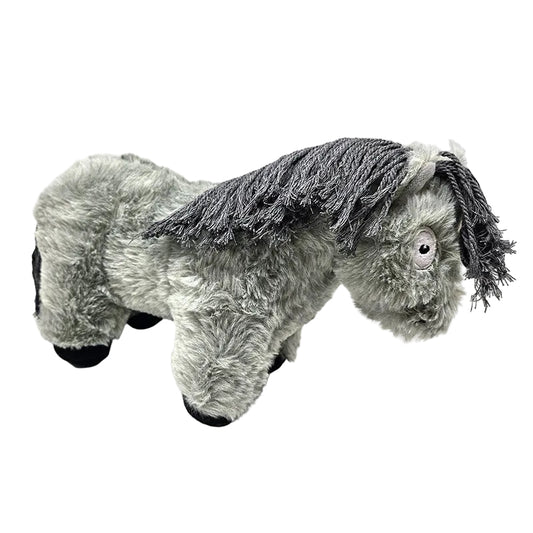 A plush toy resembling a grey roan foal with a mane and tail that appear non-slip and are attached to the doll.