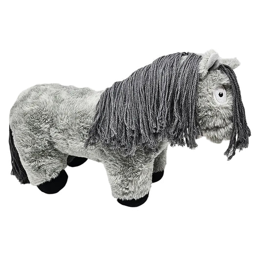 Plush toy horse with long hair on a white background