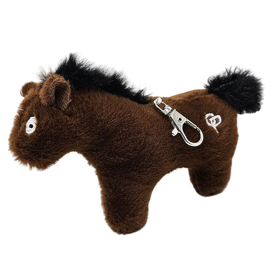 A brown keychain pony with a black mane and tail, featuring a metal buckle for attachment.