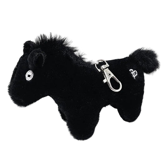 Black plush horse toy with a metal clip on a white background