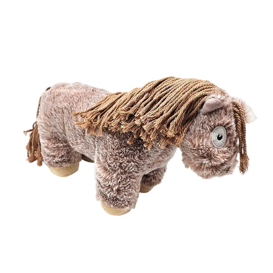 A plush toy resembling a pony foal with a strawberry roan mane and tail, made from soft fabric.