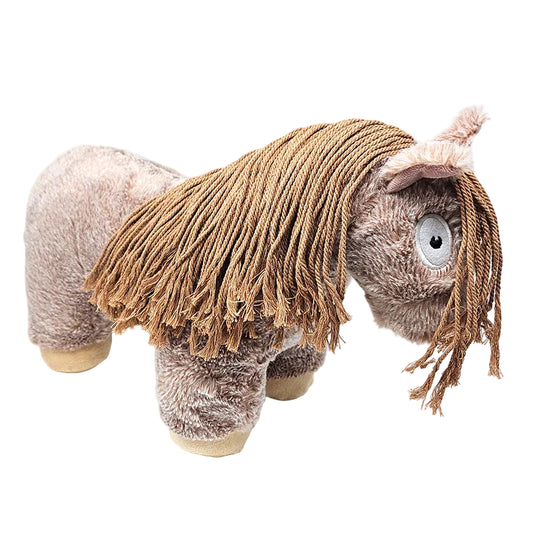 A plush toy resembling a pony with a strawberry roan mane and tail, made from soft fabric.