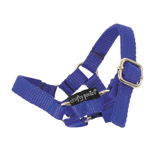 A blue nylon halter for horses with metal buckles and a label that reads 'Crafty Pony'.