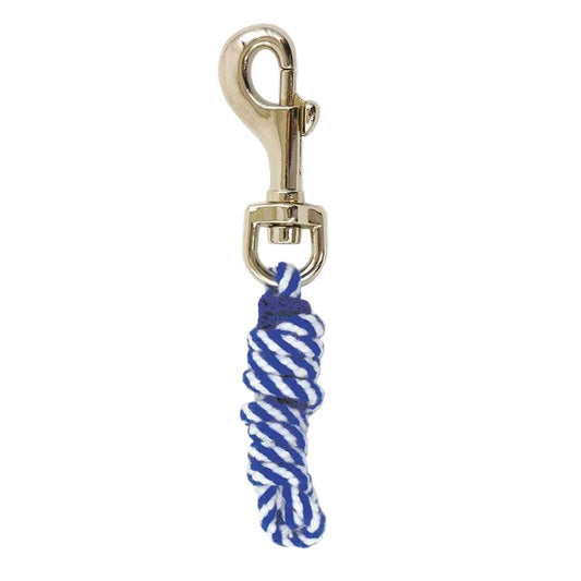 A blue and white striped pony lead rope with a metal clip.