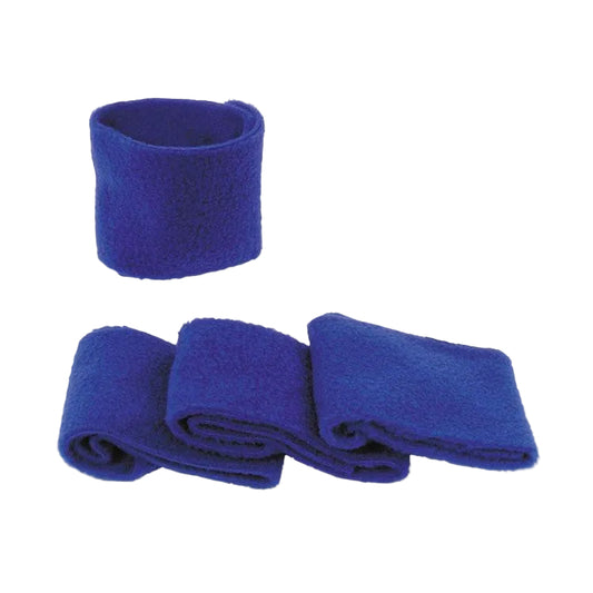A set of blue fleece leg wraps for horses, displayed unrolled and in a rolled state.