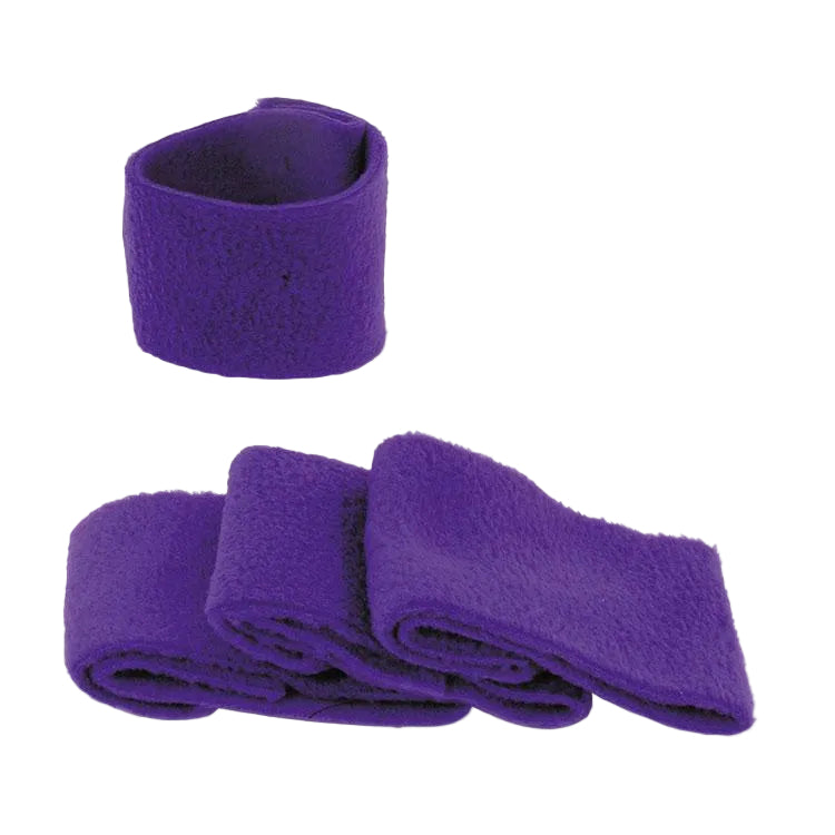 A set of purple fleece leg wraps for horses, displayed unrolled and in a rolled state.