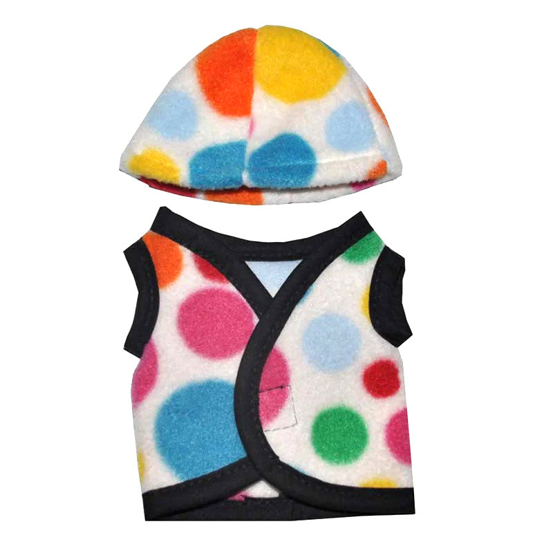Colorful polka dot pet vest and helmet set on a white background
