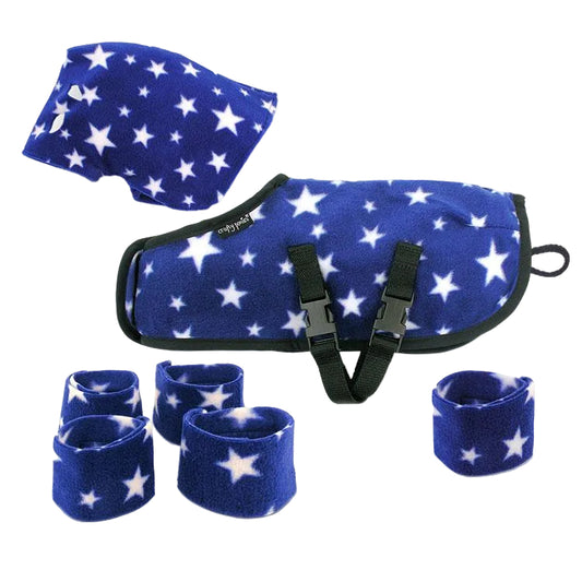 A set of horse care products including a black and red checkered rug with Velcro fastening, a head and neck cover, a tail guard, and four leg wraps, along with a booklet.