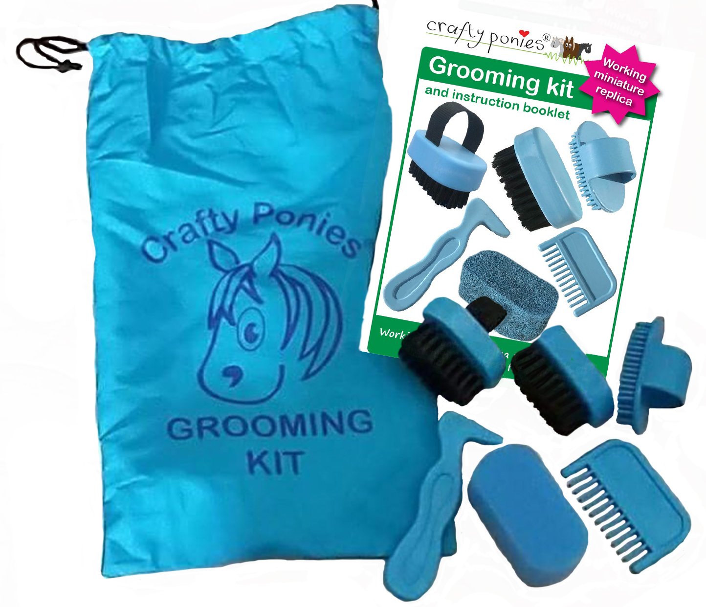 A grooming kit for ponies displayed alongside its packaging, showing a hoof pick, mane comb, curry comb, face brush, and body brush, all in blue color.
