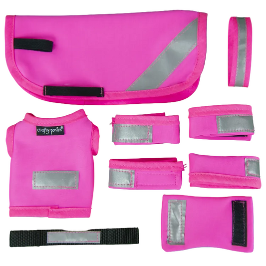 A set of pink and silver horse riding equipment including a browband, leg wraps, a hat band, an exercise sheet, a tail guard, and an instructional booklet.
